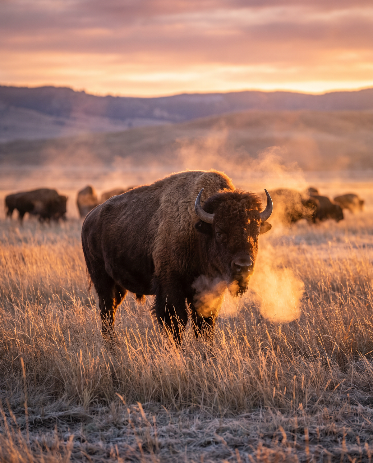 Wild American bison at sunrise
