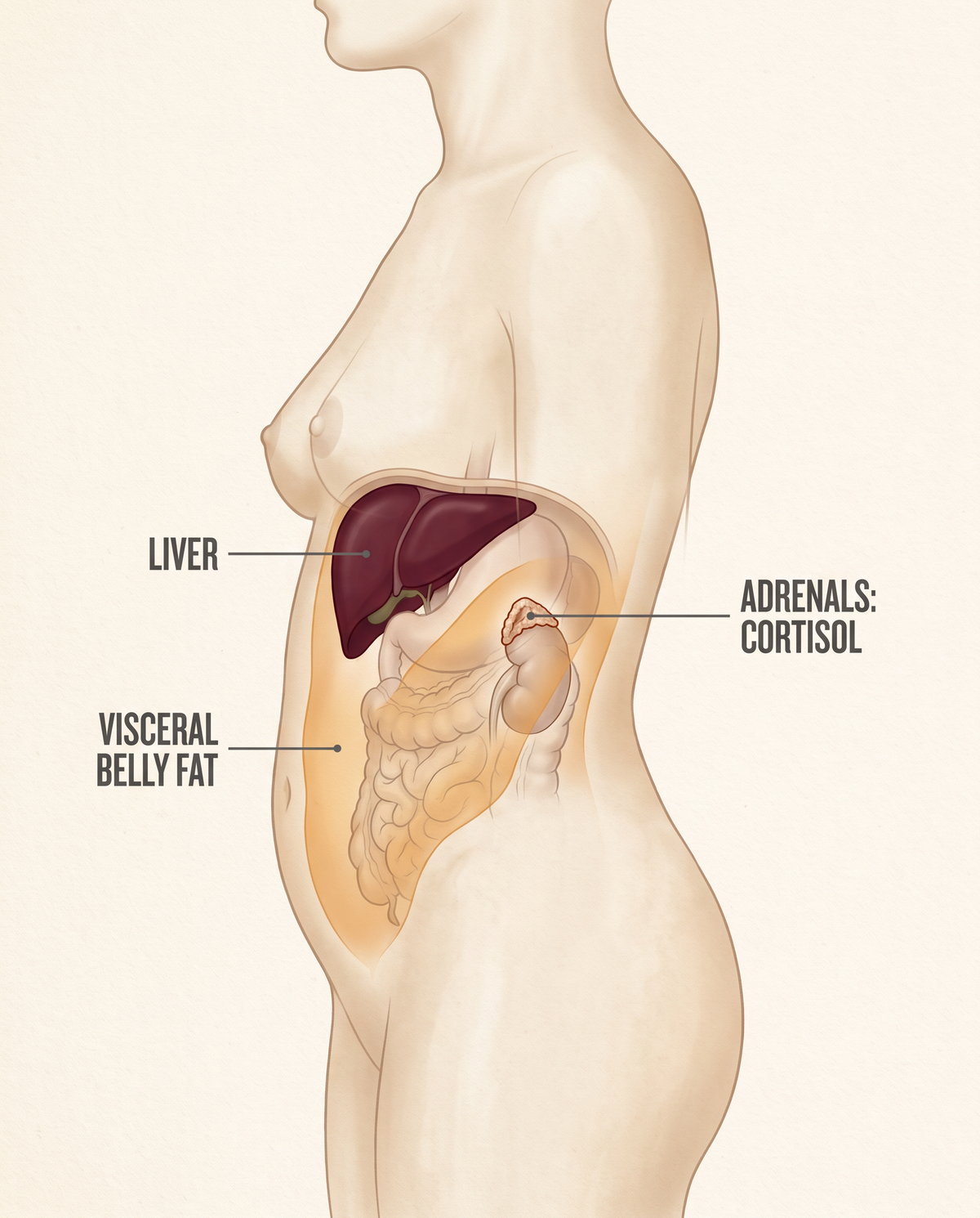 Liver, visceral belly fat and adrenals illustration