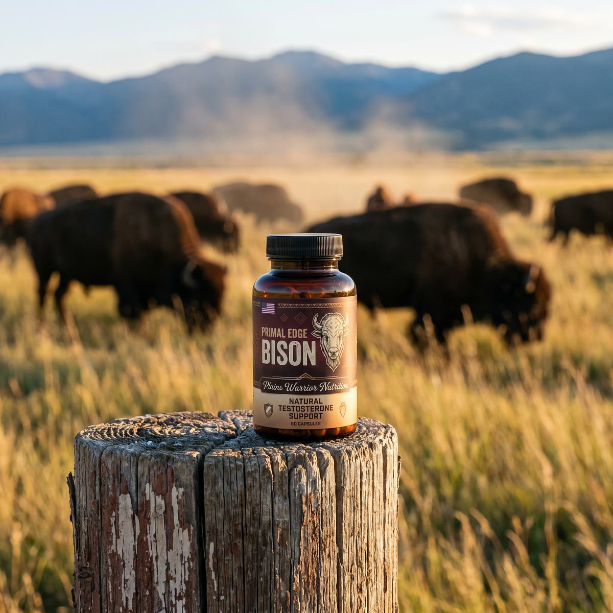 Primal Edge on a fence post with a bison herd on the Wyoming plains