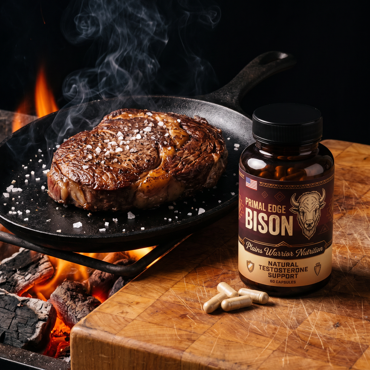 Primal Edge next to a seared bison steak over the fire