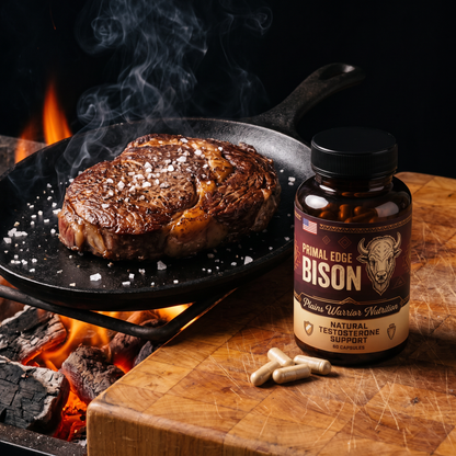 Primal Edge next to a seared bison steak over the fire