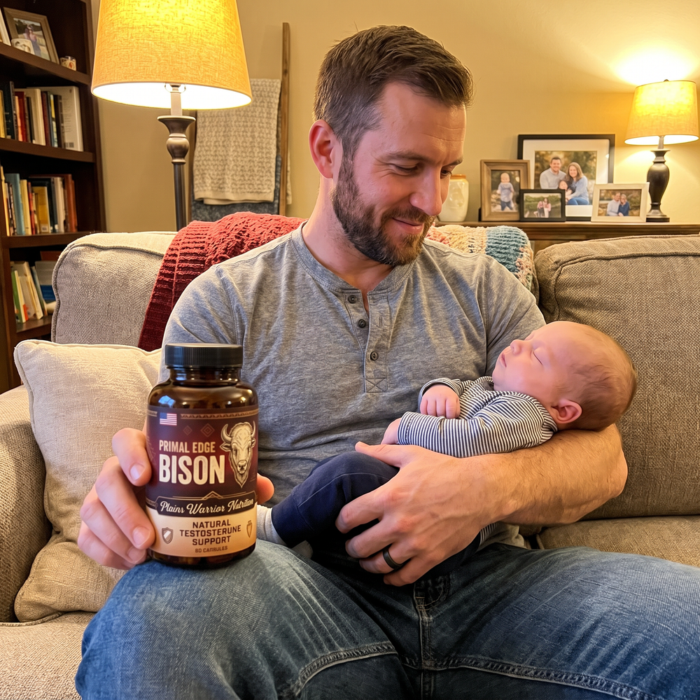 Dad on the couch with his sleeping baby and Primal Edge