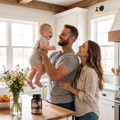Happy dad lifting his laughing baby son with his wife in the kitchen, Primal Edge on the counter
