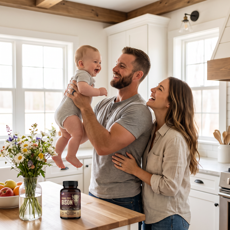 Happy dad lifting his laughing baby son with his wife in the kitchen, Primal Edge on the counter