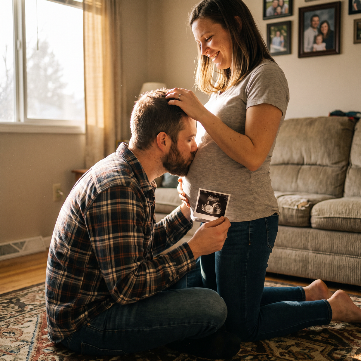 Husband kissing his wife's pregnant belly holding the ultrasound