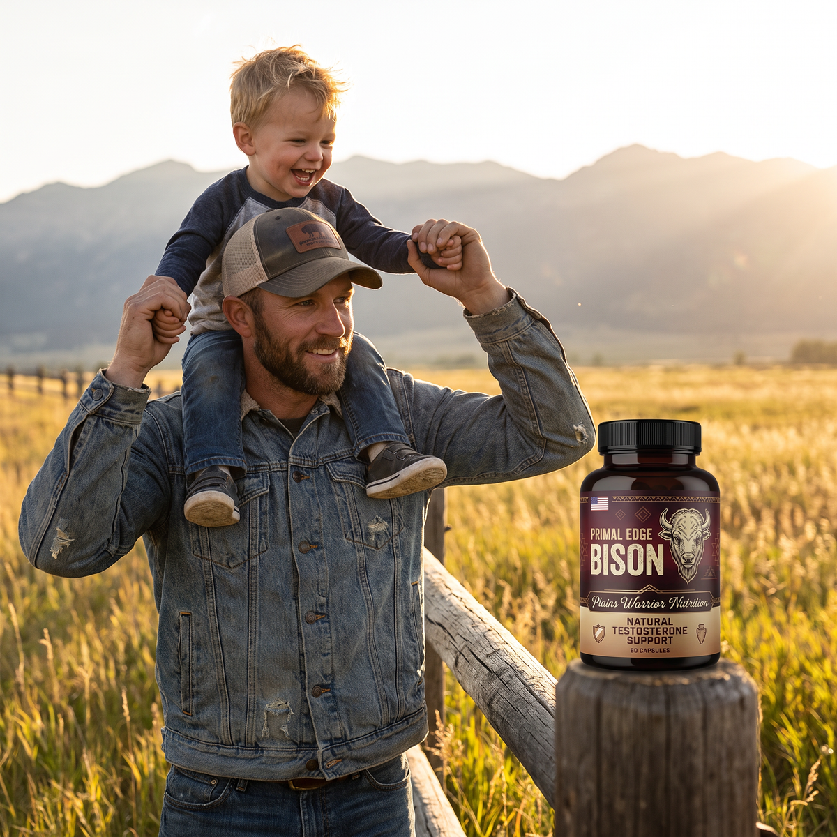 Dad carrying his son on his shoulders on the ranch with Primal Edge