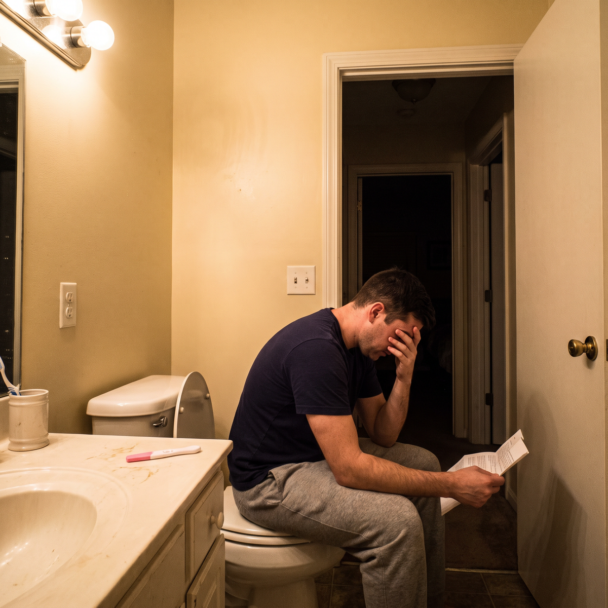 Man alone in the bathroom at night holding his semen analysis report