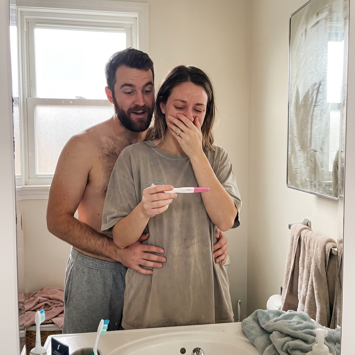 Couple looking at a positive pregnancy test