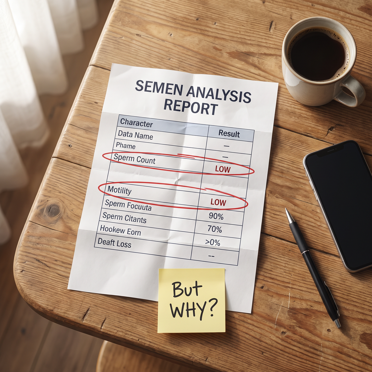 Semen analysis report with low count and low motility circled and a note: But WHY?