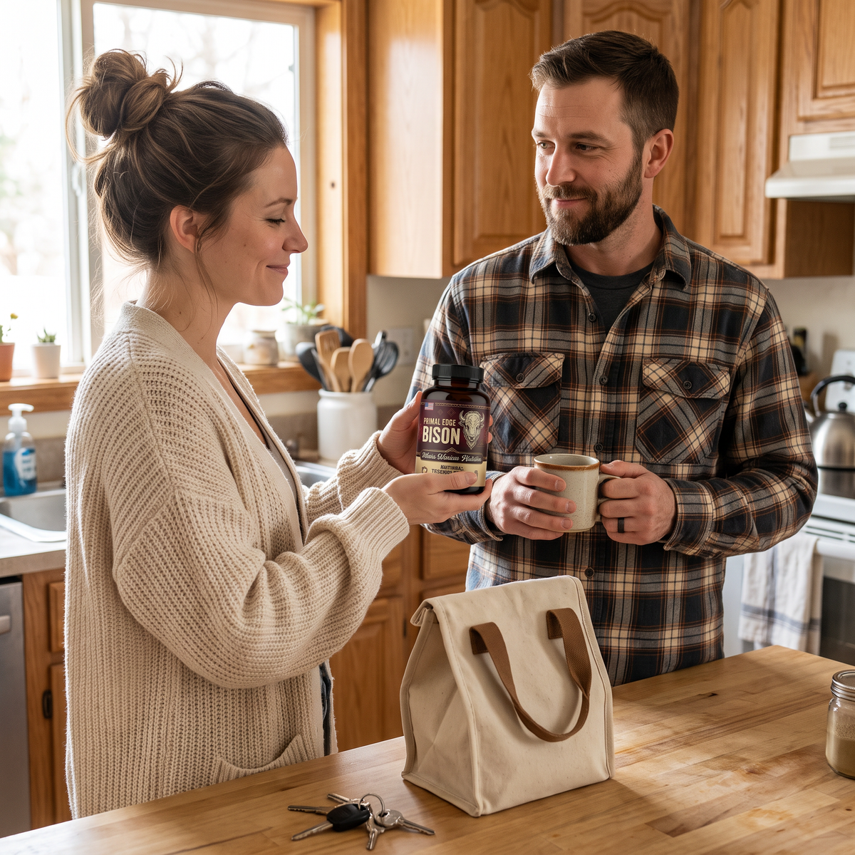 Wife handing her husband Primal Edge in the morning